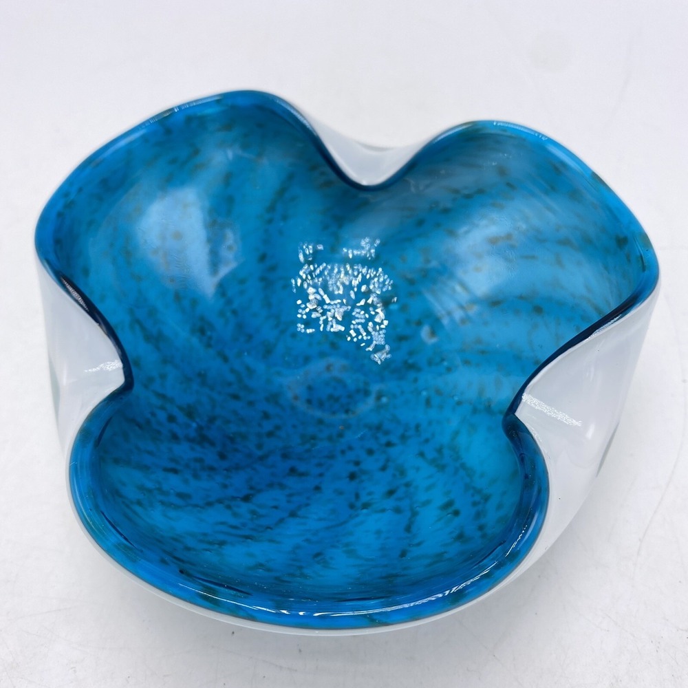 Vtg Ashtray Bowl Mid Century Modern Hand Made Art Glass Blue White Wave Glitter